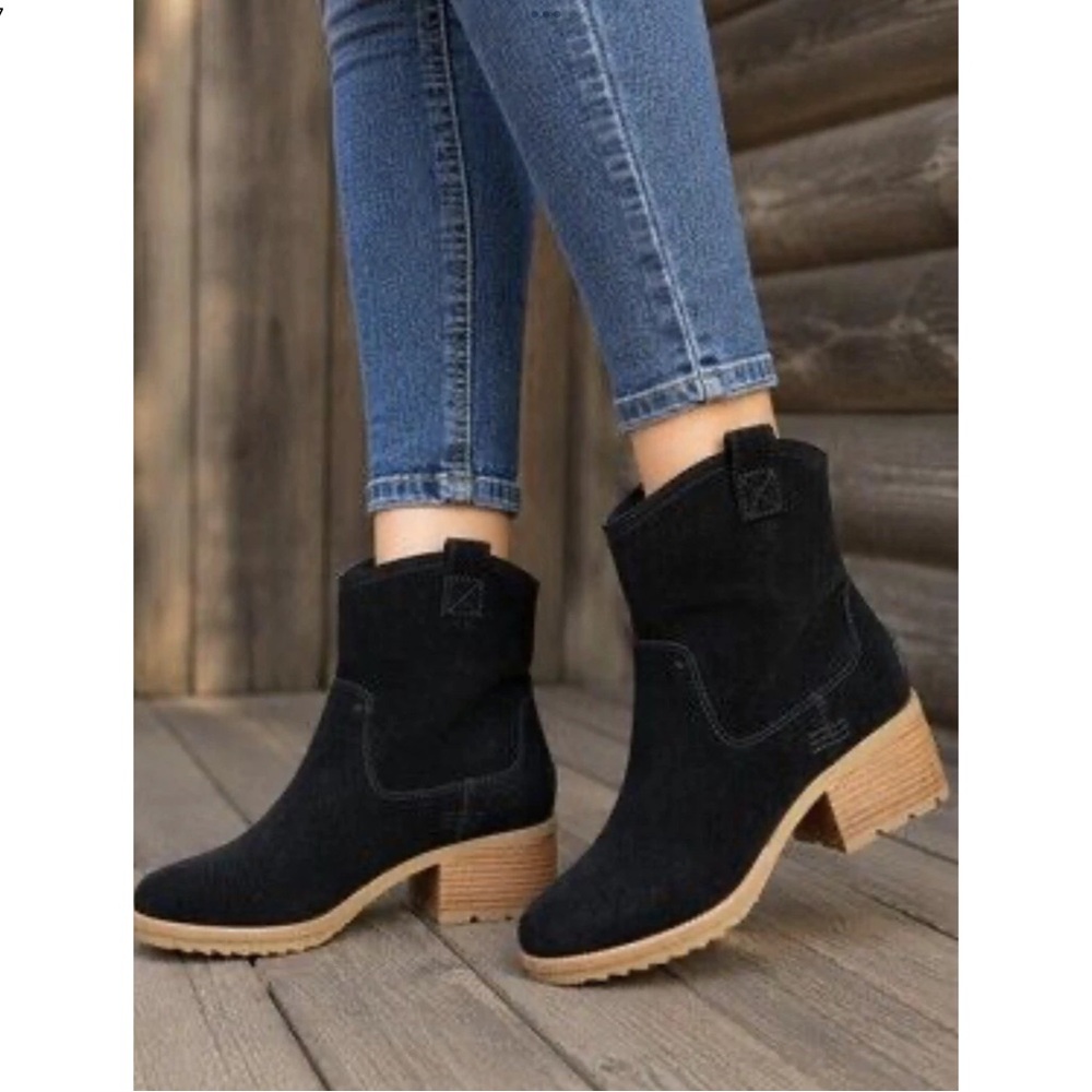 Sorel Womens Cate Pull On Ankle Boot Black Suede Leather Pull On Western SZ 7.5